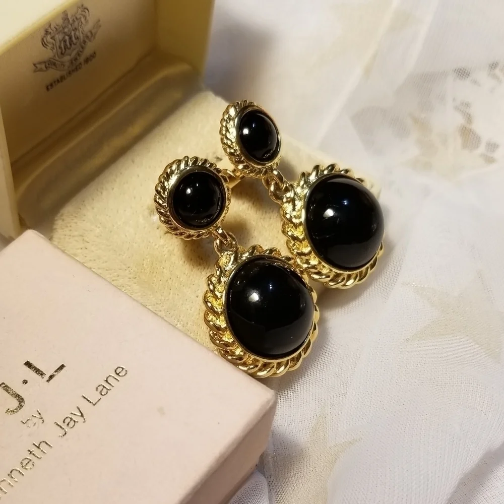 Vtg KJL Kenneth Jay Lane Black Gold Earrings